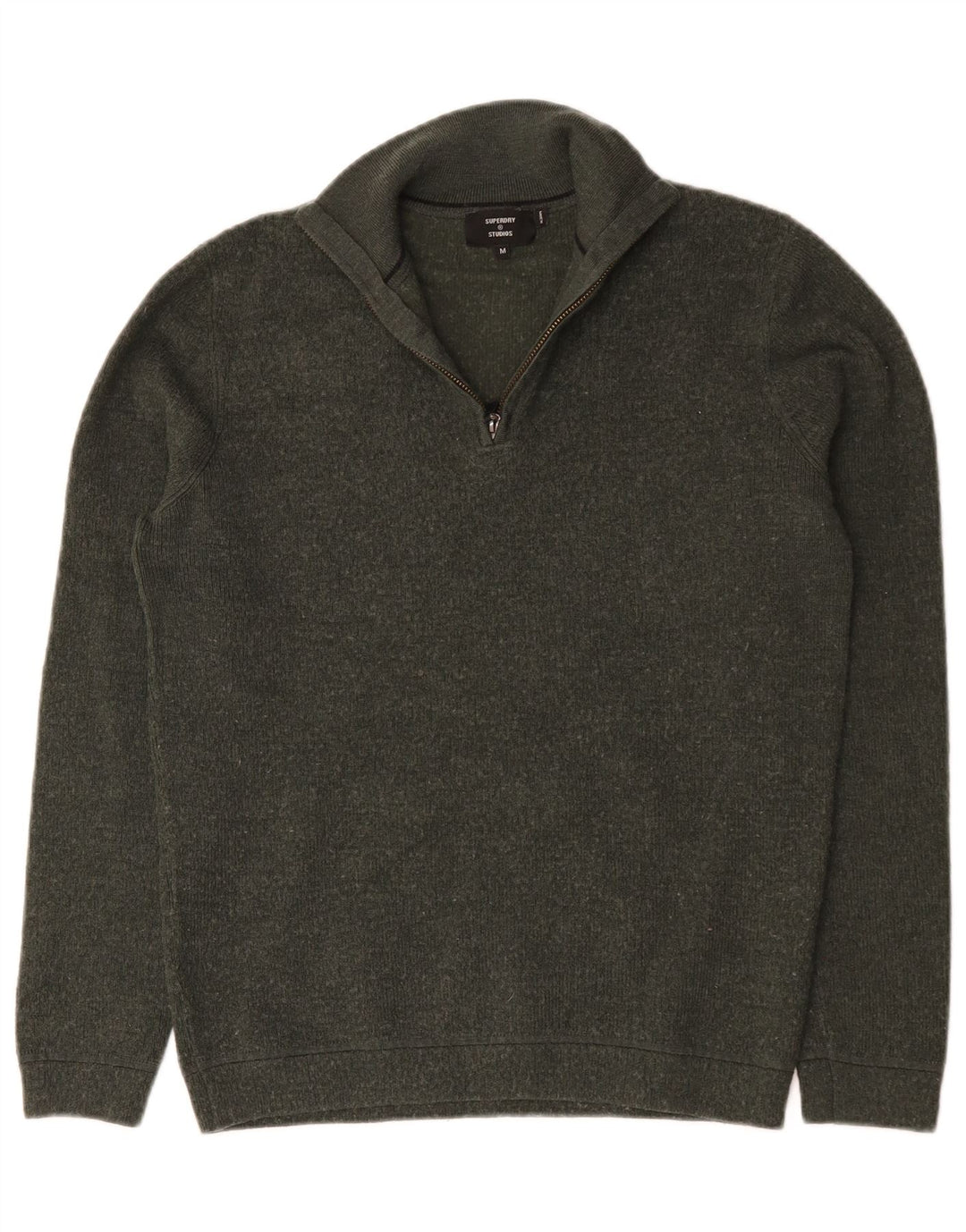 Suéter masculino Superdry com zíper e gola média, lã Merino cáqui média