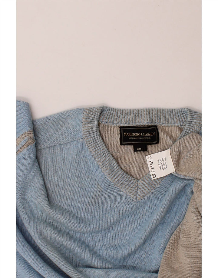 MARLBORO CLASSICS Mens V-Neck Jumper Sweater Large Blue Cotton Vintage Marlboro Classics and Second-Hand Marlboro Classics from Messina Hembry 
