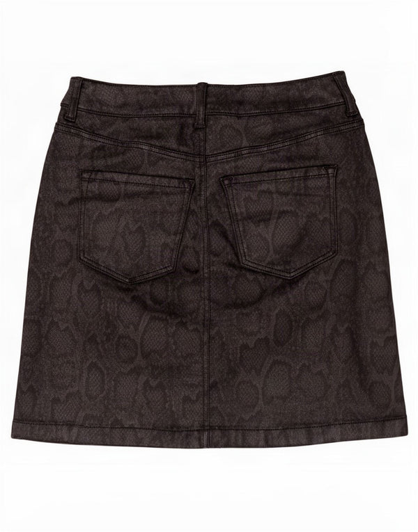 Saia feminina de couro Marks & Spencer EUA 6 XS W26 algodão preto com estampa animal