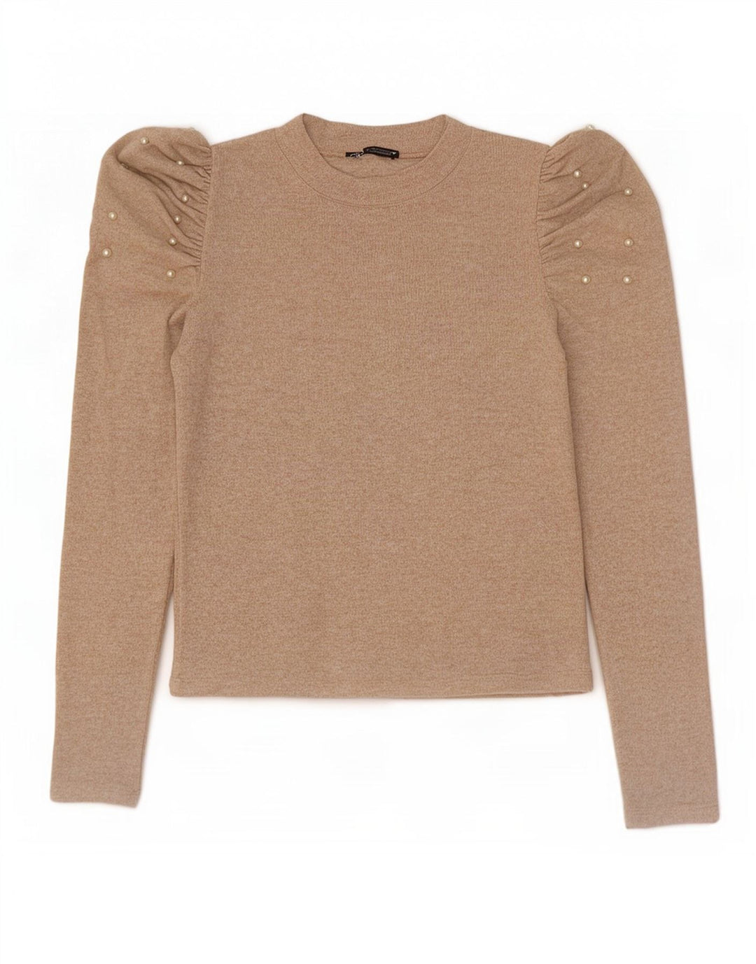 Blusa feminina de manga comprida Zara Top UK 12 Médio Bege