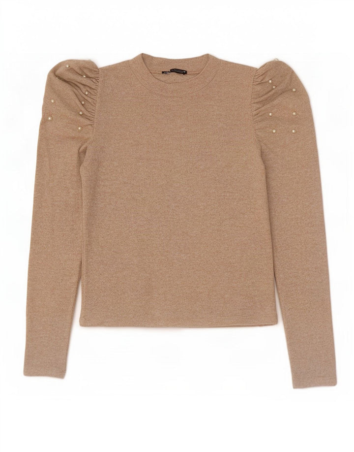 Blusa feminina de manga comprida Zara Top UK 12 Médio Bege