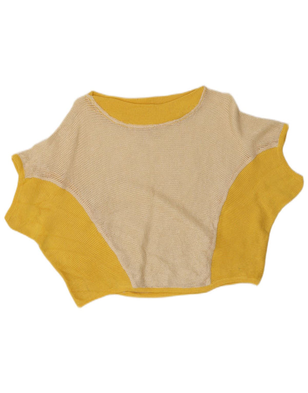 Blusa feminina vintage de malha cortada UK 12 bloco colorido amarelo médio