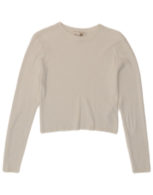 Top curto feminino Marks & Spencer manga comprida Reino Unido 14 viscose branca média
