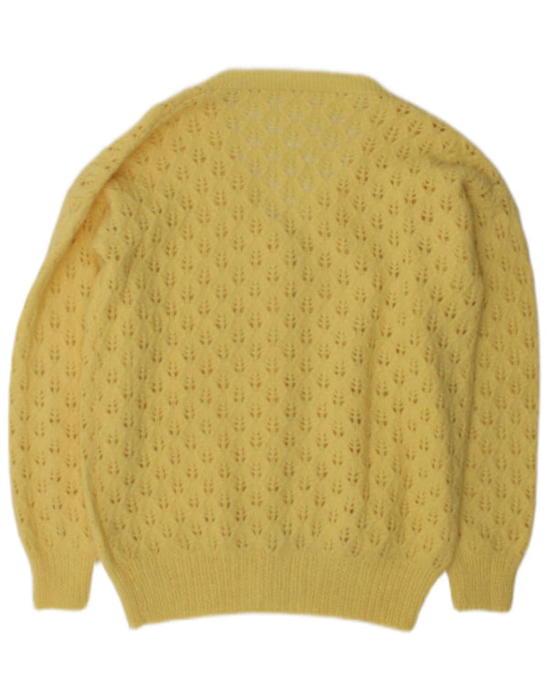 Suéter cardigã feminino vintage Reino Unido 12 amarelo médio