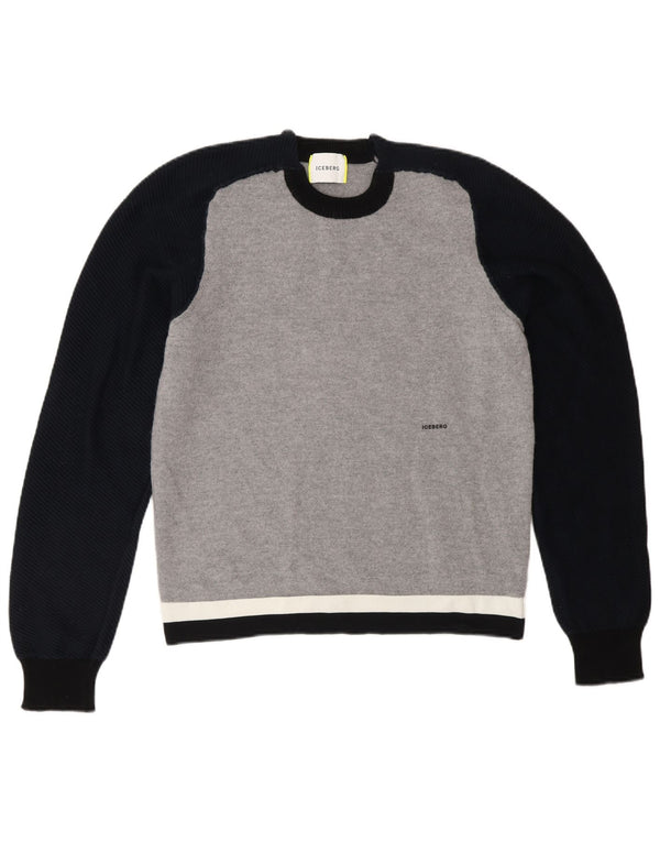 Suéter feminino Iceberg com gola redonda UK 12 lã colorblock cinza médio