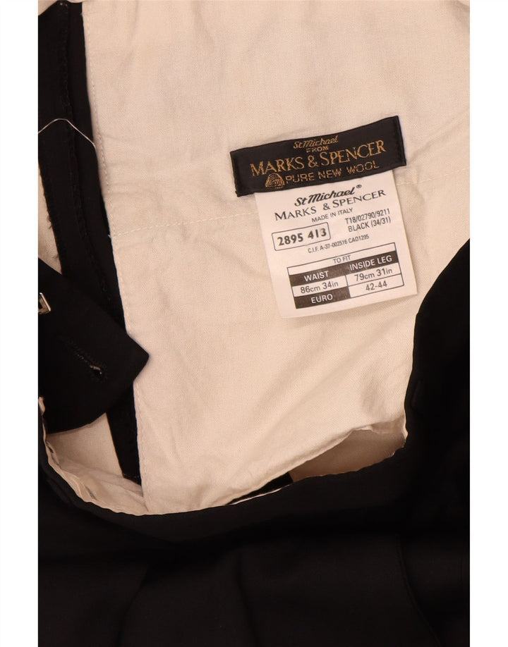 Calça masculina Marks & Spencer com pegged terno W34 L31 lã preta