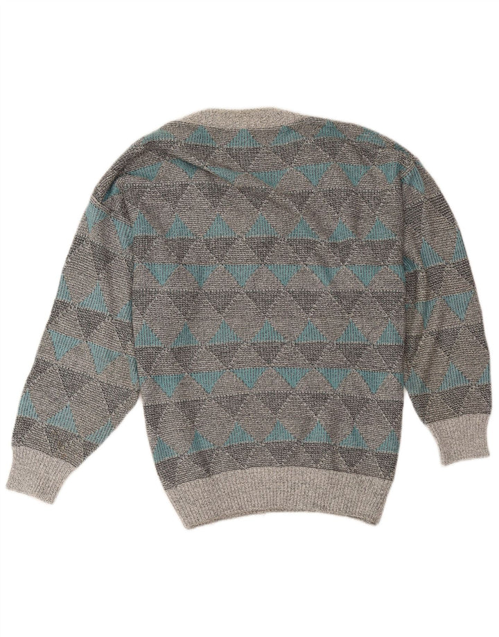 Suéter masculino vintage com decote em V algodão geométrico cinza médio