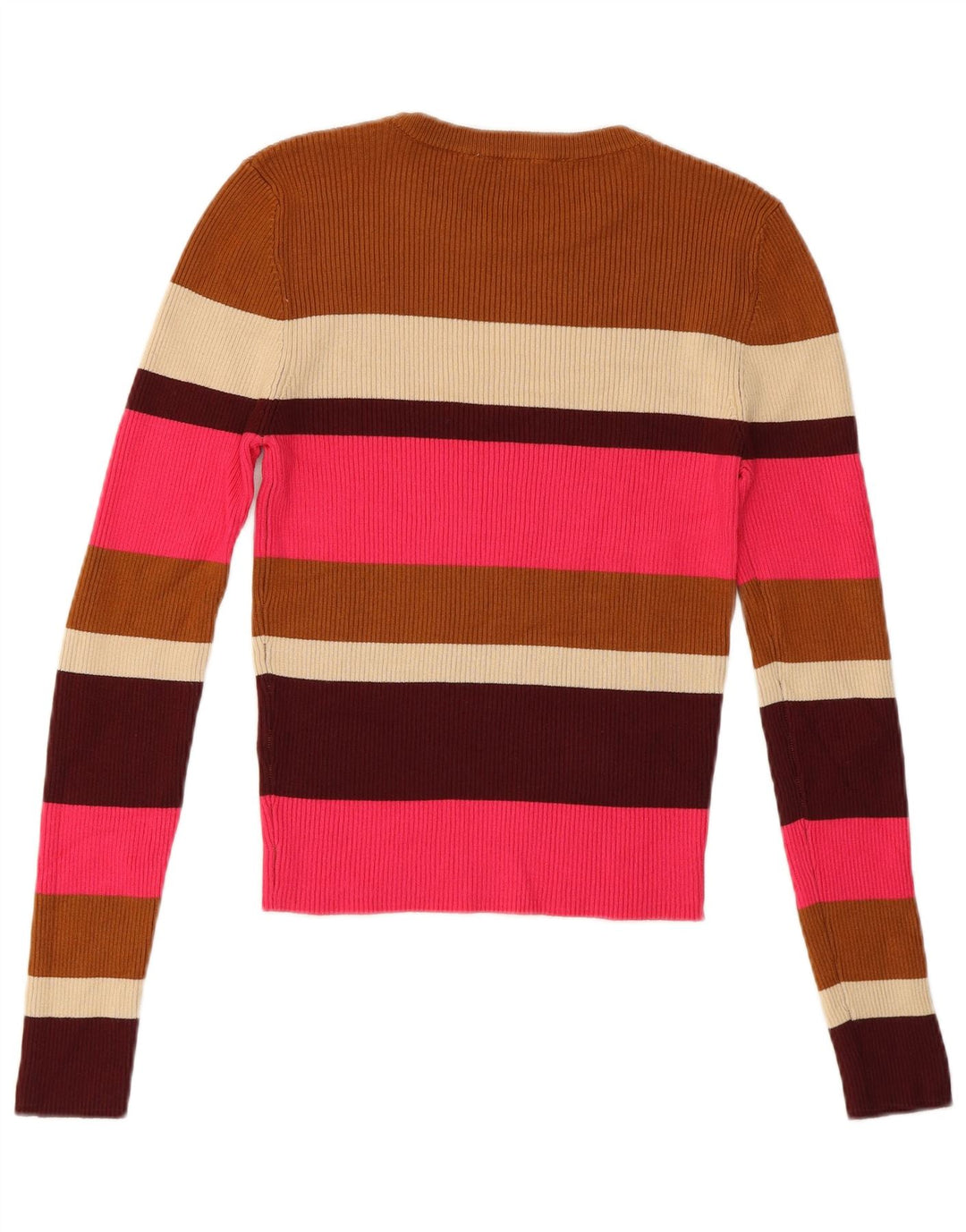 Suéter feminino Zara com gola redonda e listras multicoloridas UK 14