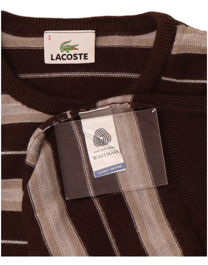 Suéter masculino Lacoste com gola redonda, tamanho 3, lã listrada marrom pequena