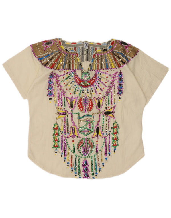 Blusa feminina vintage com padrão abstrato UK 14 médio branco étnico