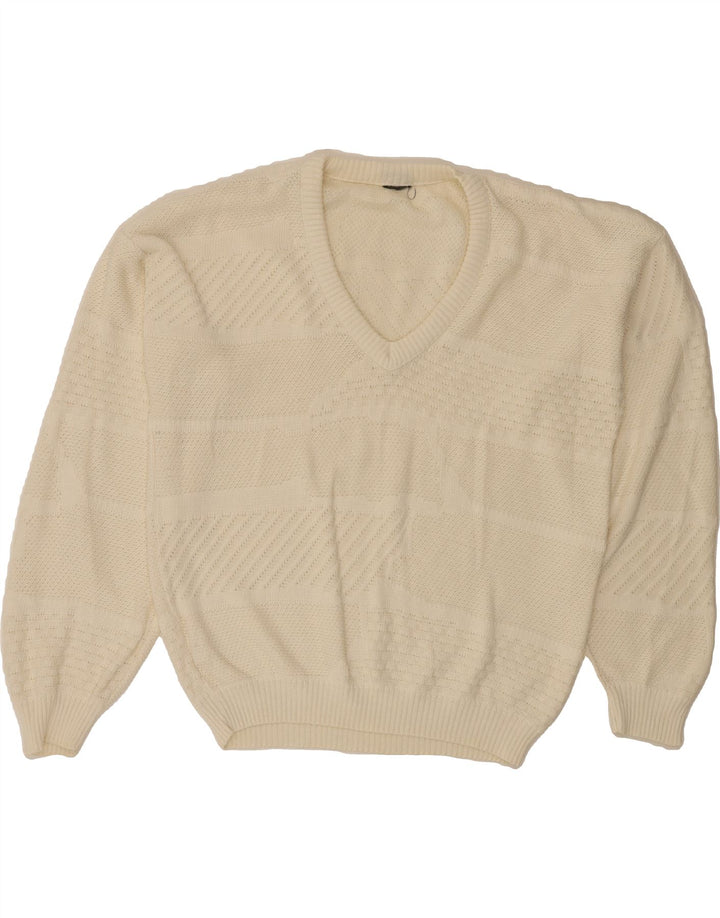 VINTAGE Mens V-Neck Jumper Sweater XL Off White Cotton Vintage Vintage and Second-Hand Vintage from Messina Hembry 