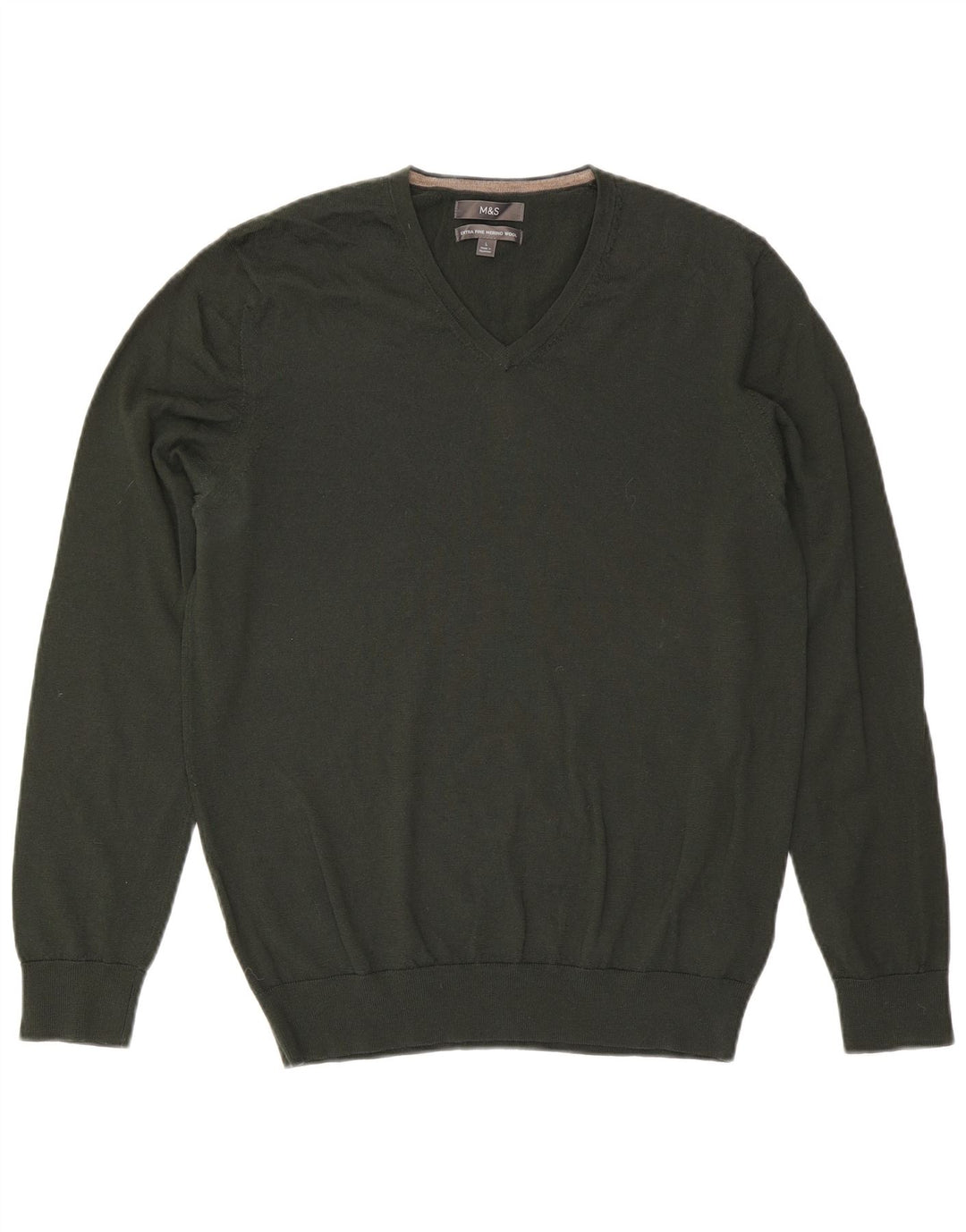 Suéter masculino Marks & Spencer com decote em V, grande lã cáqui
