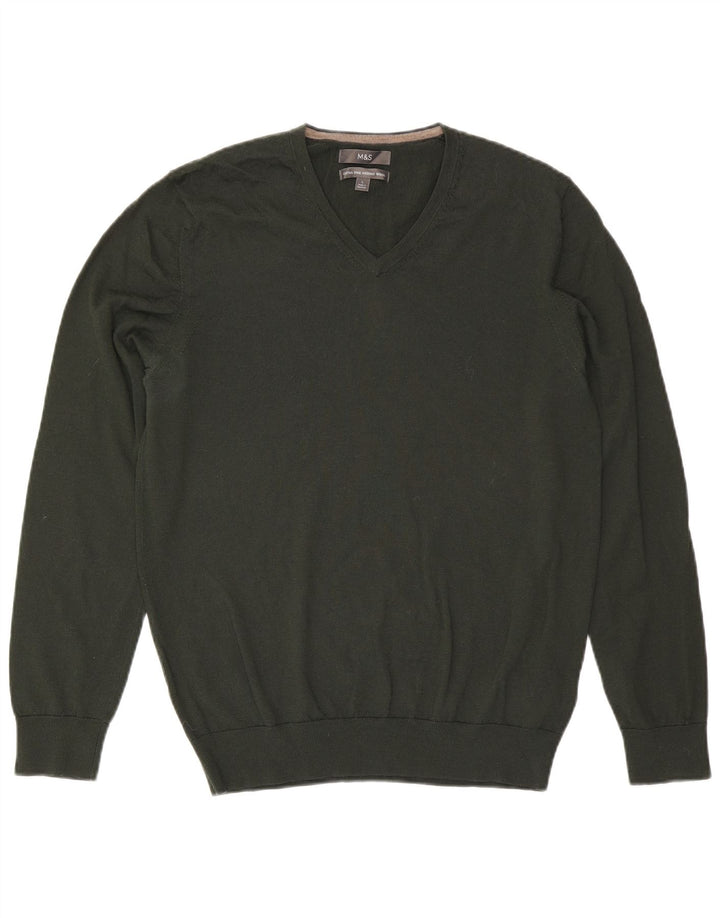 Suéter masculino Marks & Spencer com decote em V, grande lã cáqui