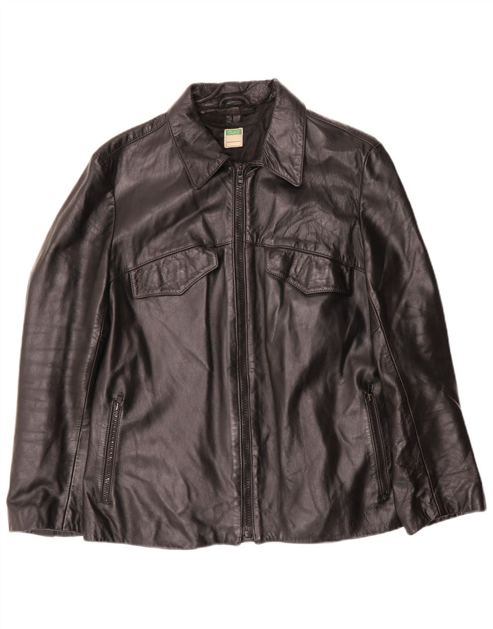 Jaqueta de couro feminina Benetton UK 14 couro preto médio