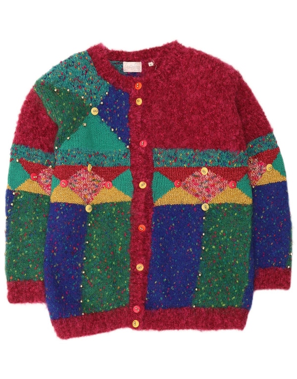 Suéter cardigã feminino vintage Reino Unido 16 grande novidade geométrica multicolorida