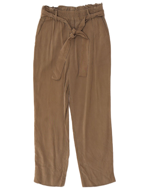 Calça feminina Zara com cintura alta e recortes XS W24 L25 cáqui viscose
