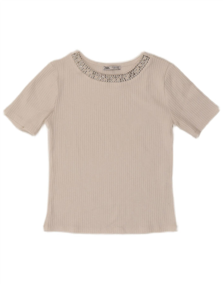 ZARA Camiseta Feminina Crop Top UK 8 Pequeno Poliéster Branco