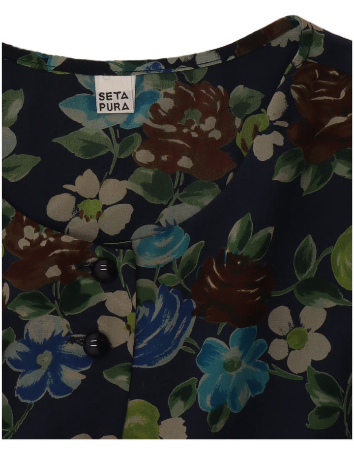 Vestido feminino vintage UK 12 seda floral azul marinho médio