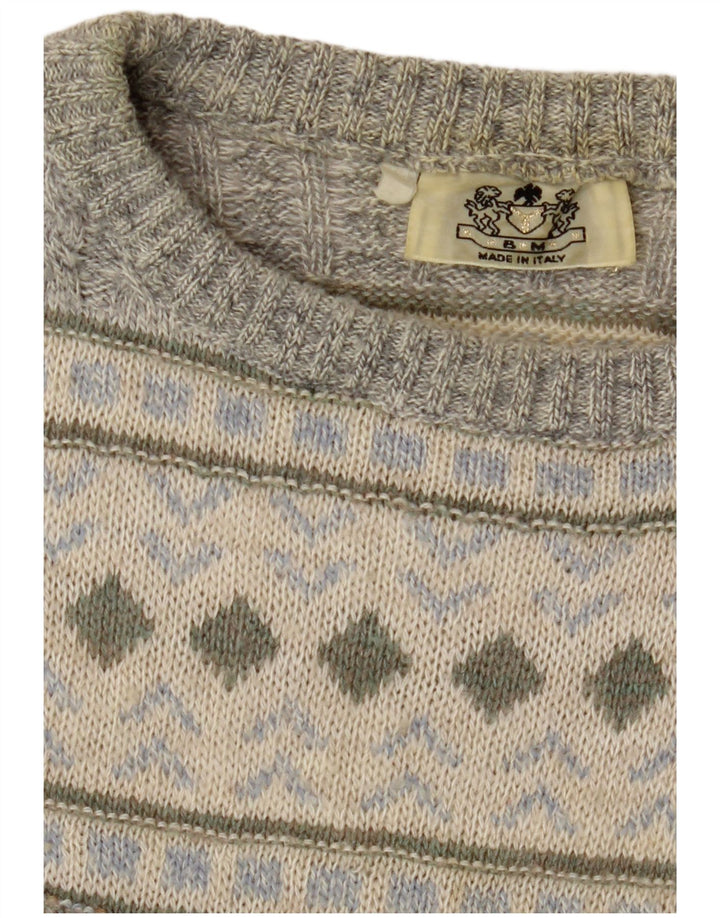 Suéter vintage masculino com gola redonda cinza médio geométrico