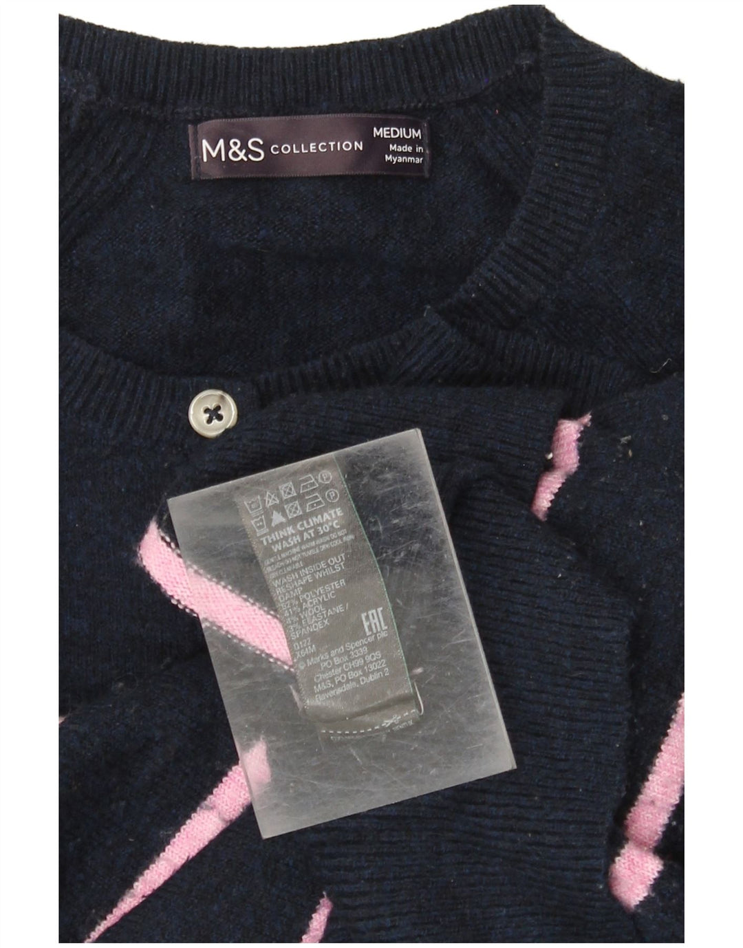 Suéter feminino MARKS & SPENCER com gola redonda e botão Reino Unido 14 médio azul marinho