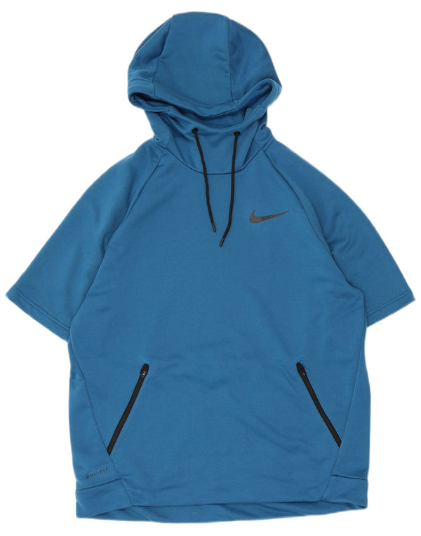Suéter Nike masculino Dri Fit manga curta com capuz grande azul poliéster
