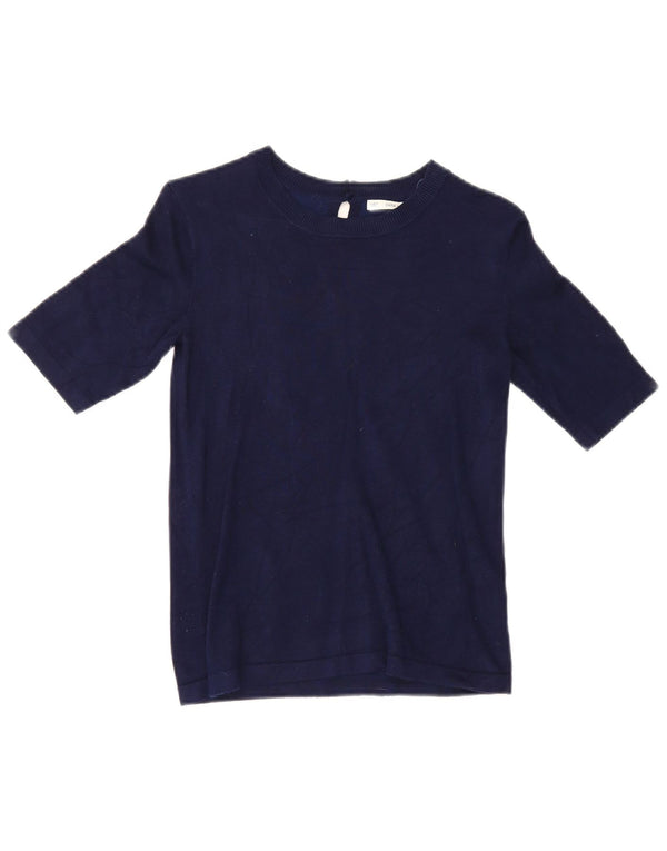 Zara blusa feminina cropped manga curta top Reino Unido 12 médio azul marinho viscose