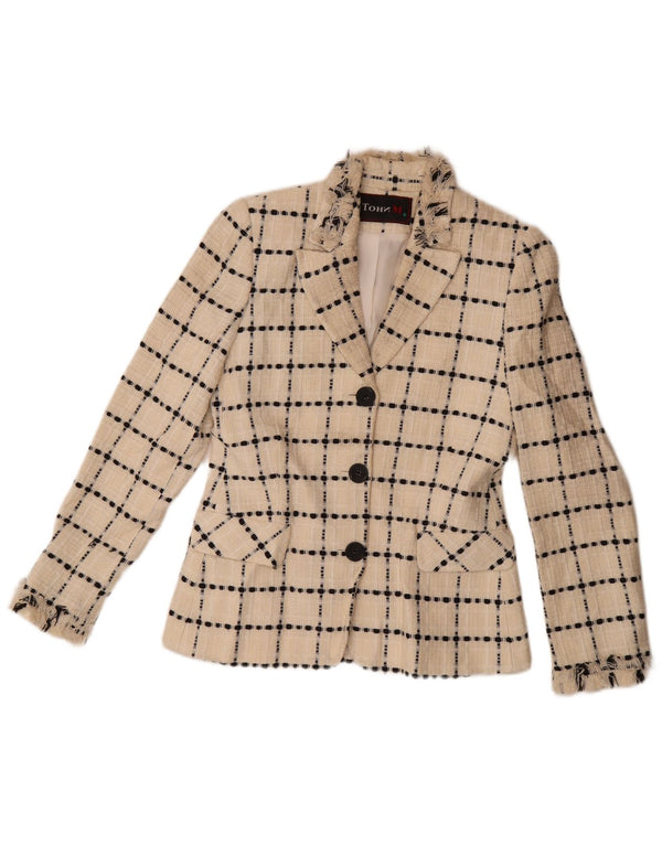 Jaqueta blazer feminina vintage com 3 botões Reino Unido 10 pequena lã xadrez branca