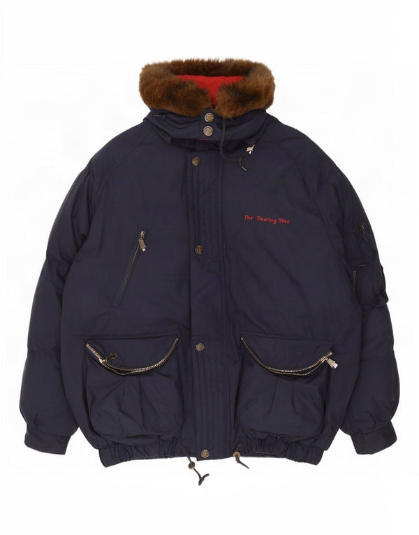 Jaqueta acolchoada com capuz gráfico masculino vintage UK 42 XL azul marinho poliéster