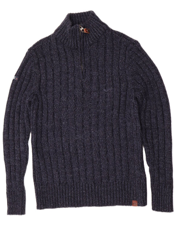 Suéter masculino Superdry Slim Fit com zíper e gola média azul marinho manchado