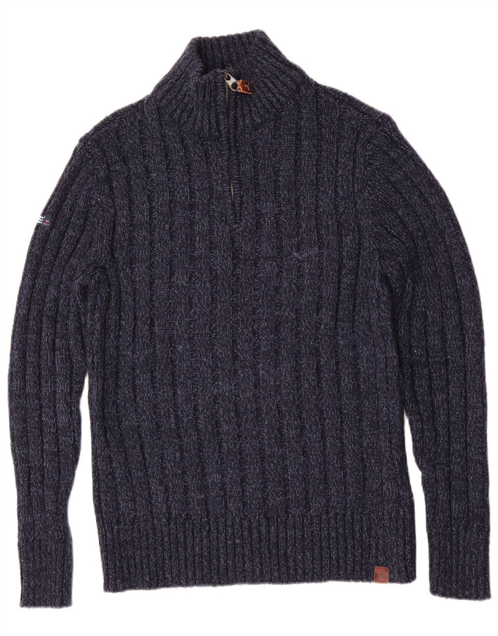 Suéter masculino Superdry Slim Fit com zíper e gola média azul marinho manchado