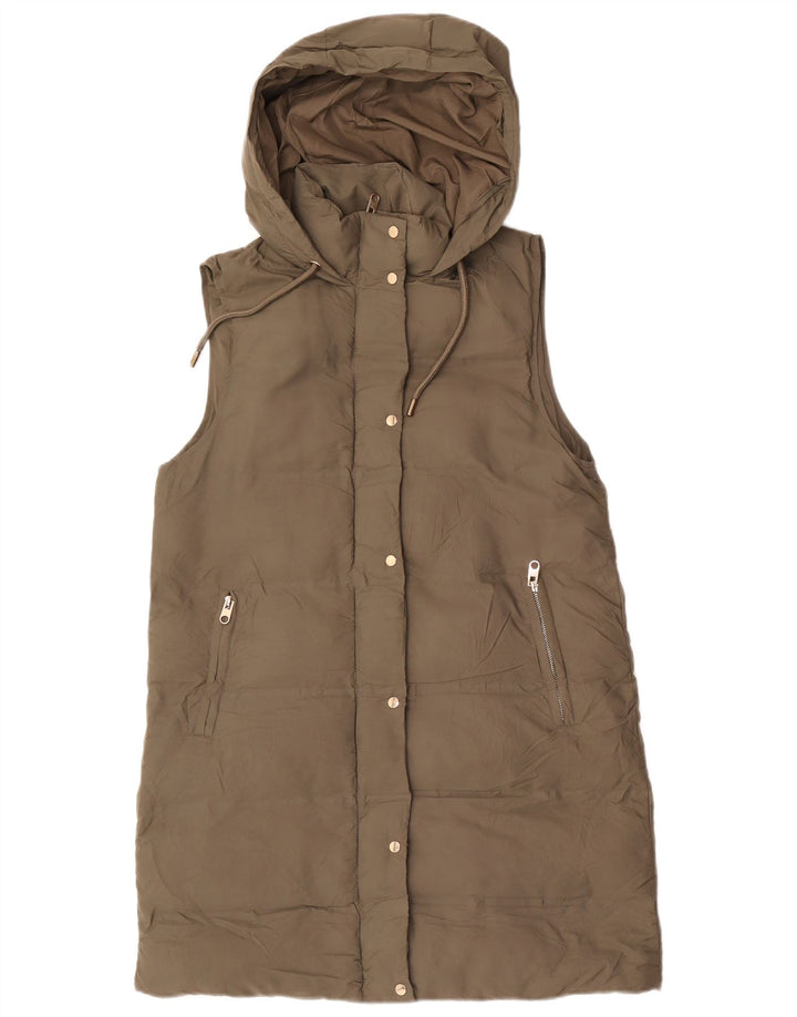 Zara Womens Longline Hooded Gilet UK 14 Medium Khaki Poliéster