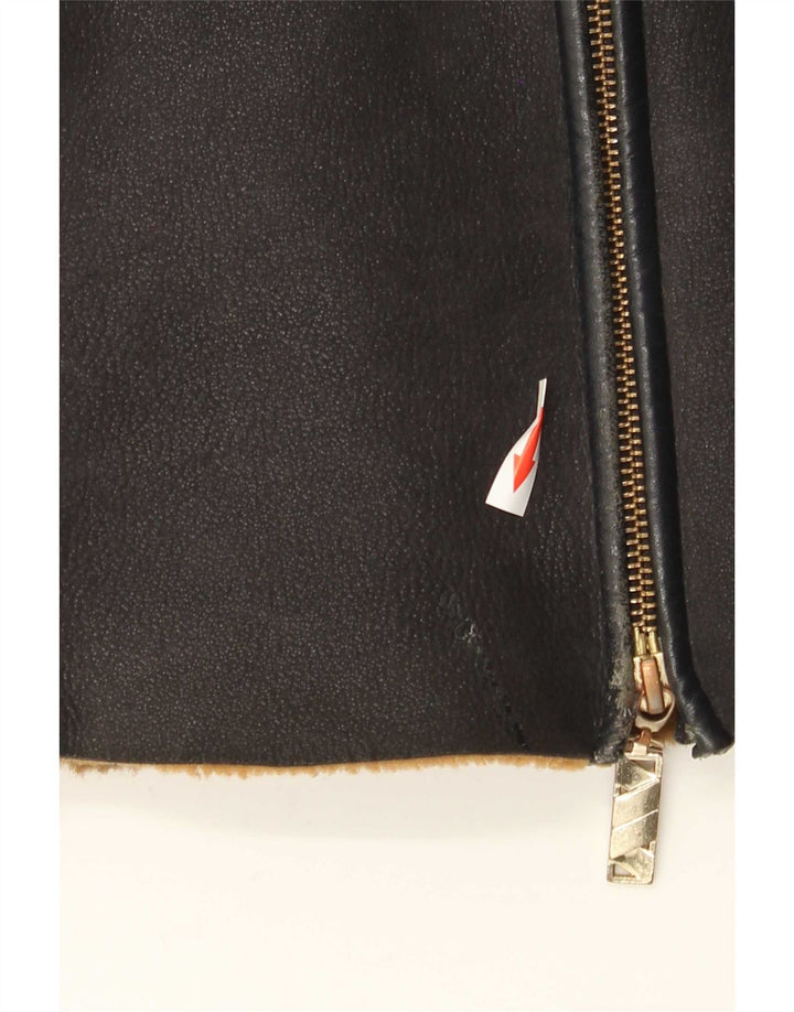Jaqueta feminina vintage com capuz Shearling UE 38 couro azul marinho médio