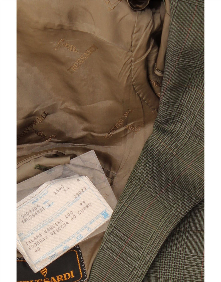 Jaqueta blazer masculina TRUSSARDI com 2 botões IT 54 2XL lã xadrez cáqui
