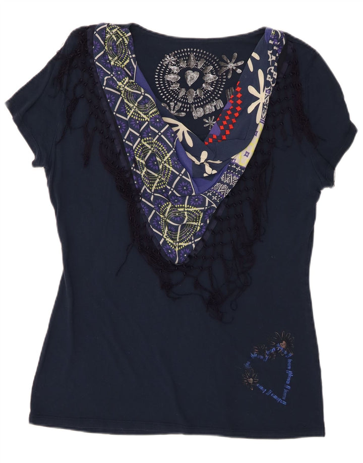 Camiseta feminina Desigual com estampa gráfica UK 18 XL azul marinho patchwork