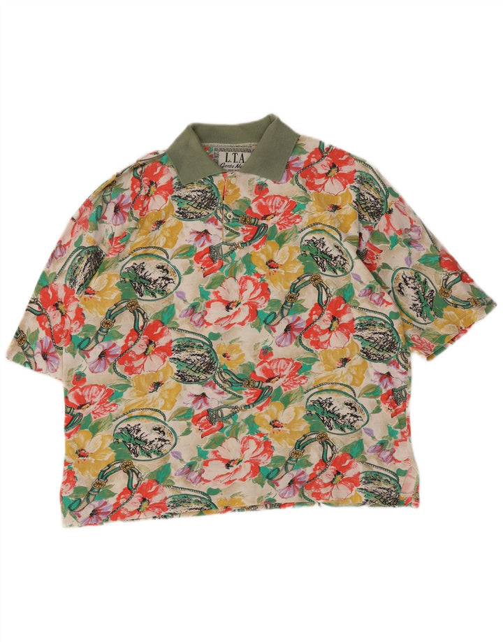 Camisa polo masculina vintage grande floral multicolorida