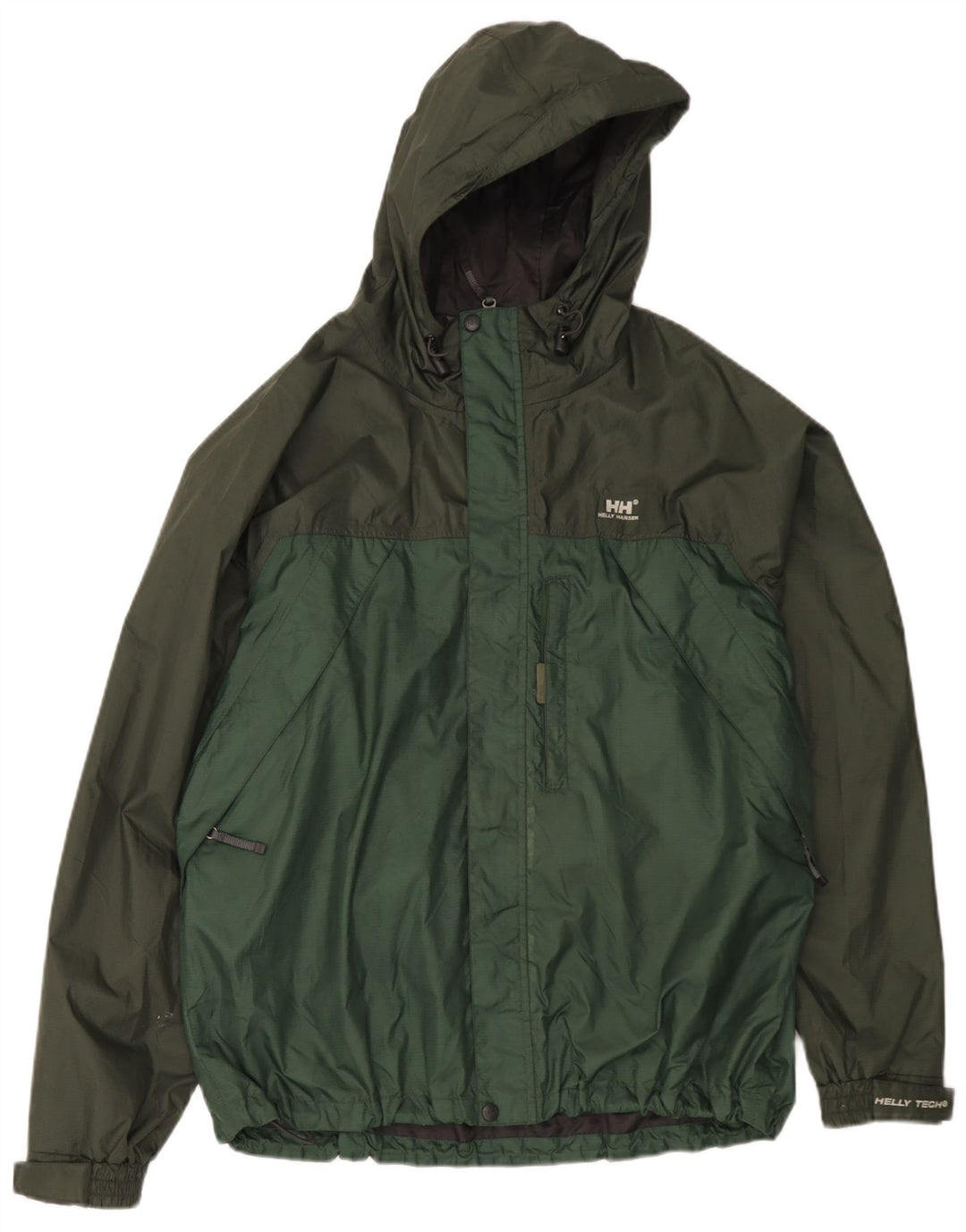 Jaqueta de chuva masculina Helly Hansen com capuz Reino Unido 40 grande bloco colorido verde nylon