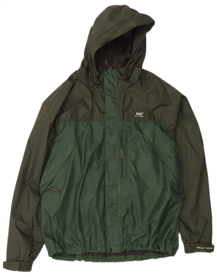 Jaqueta de chuva masculina Helly Hansen com capuz Reino Unido 40 grande bloco colorido verde nylon