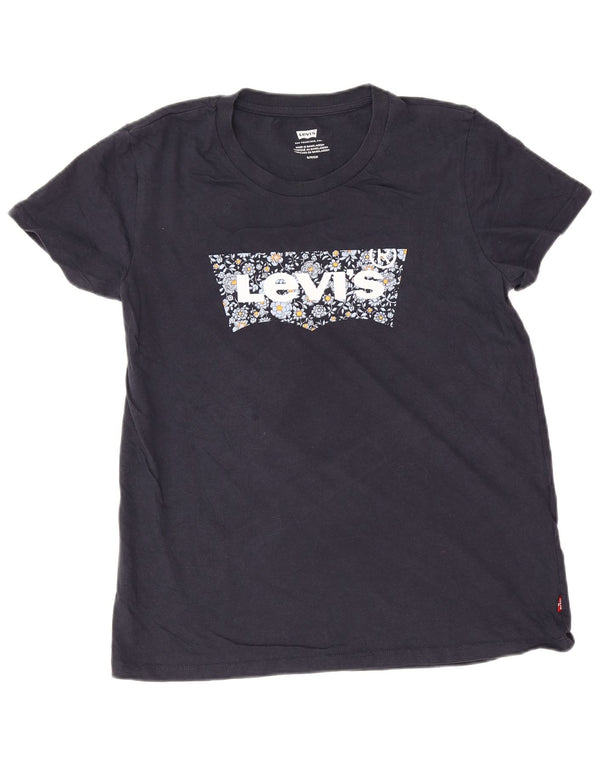 Camiseta feminina gráfica Levi's UK 10 pequena algodão floral azul marinho