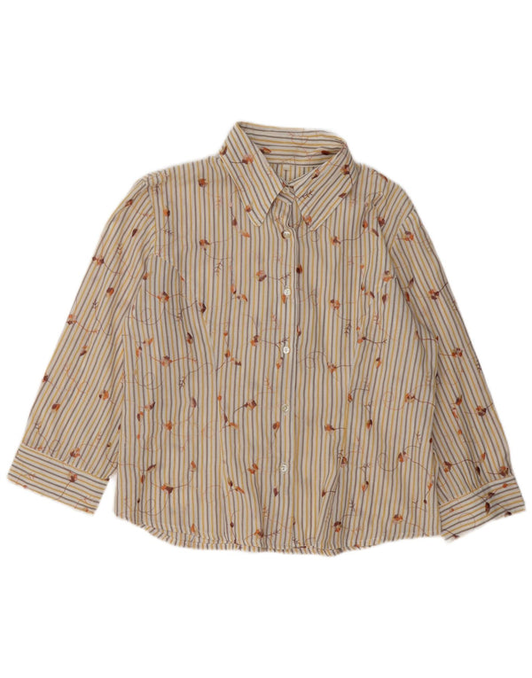 Camisa feminina vintage de manga 3/4 Reino Unido 16 grande poliéster listrado bege