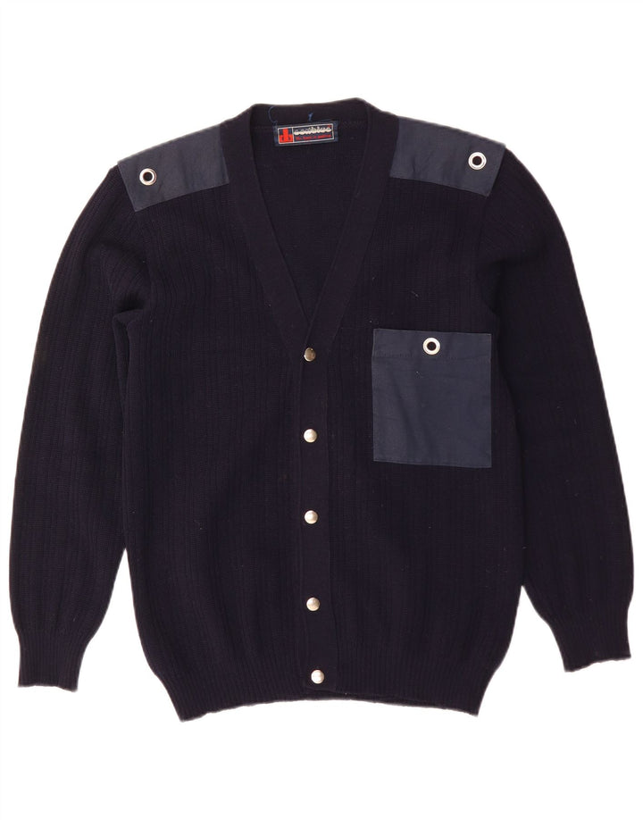 Suéter cardigã masculino vintage médio azul marinho lã colorblock