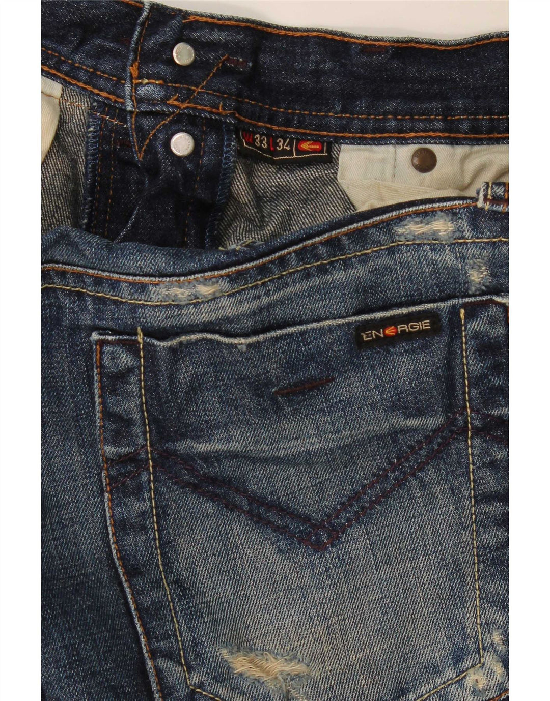 Energie feminino jeans reto desgastado W33 L25 algodão azul