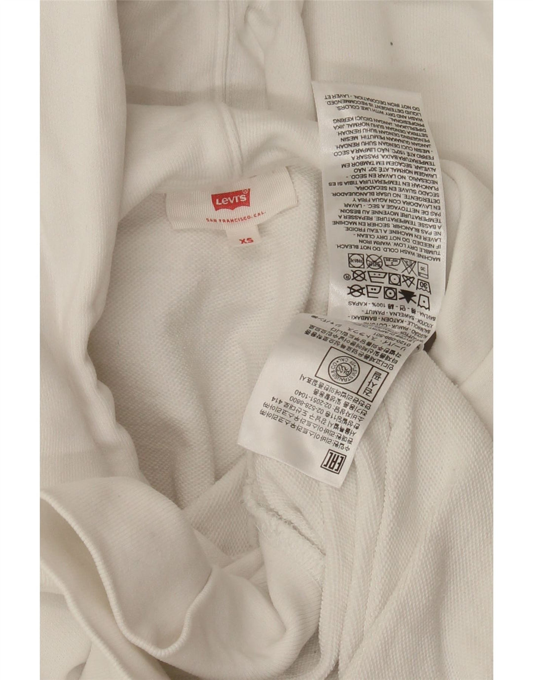 LEVI'S Mens Oversized Graphic Hoodie Jumper UK 6 XS White Cotton Vintage Levi's and Second-Hand Levi's from Messina Hembry 