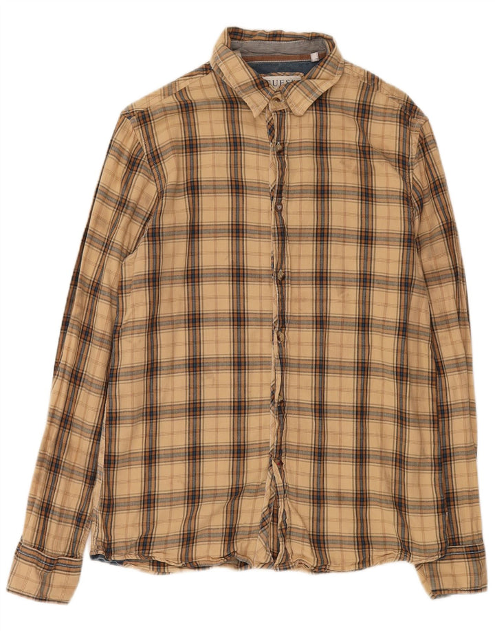 Camisa masculina de flanela Guess pequena algodão xadrez bege