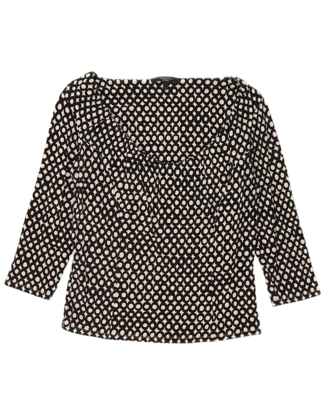 Top de fim de semana feminino Max Mara manga 3/4 Reino Unido 14 grande viscose geométrica preta