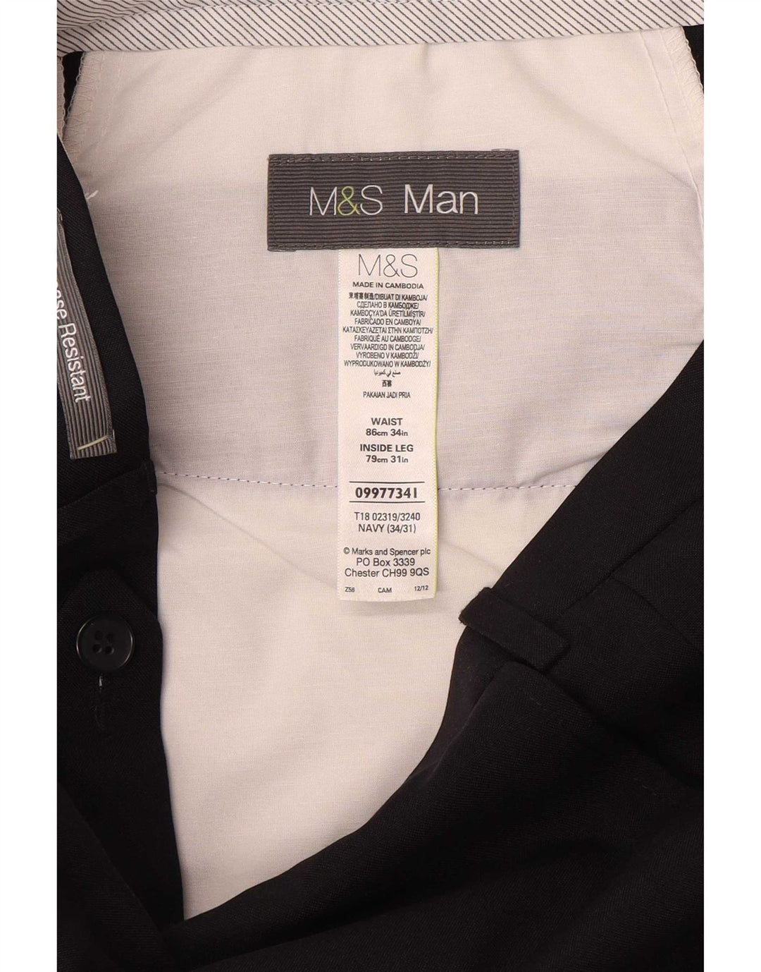 Calça masculina de terno reto Marks & Spencer W34 L31 poliéster azul marinho