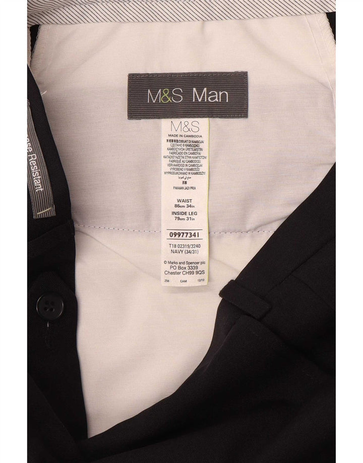 Calça masculina de terno reto Marks & Spencer W34 L31 poliéster azul marinho