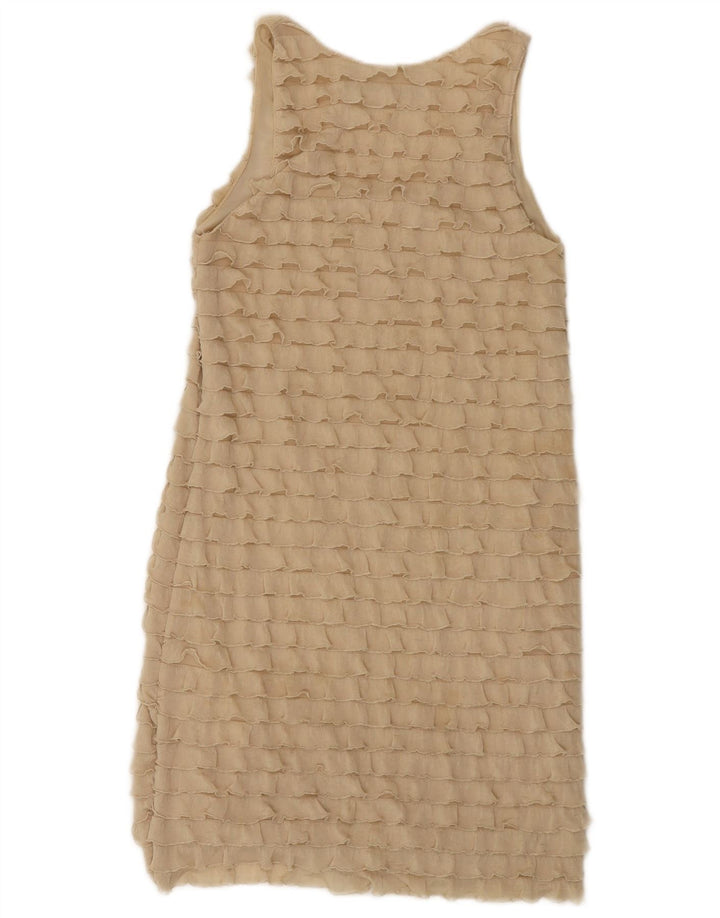 Vestido feminino Zara sem mangas em camadas UK 8 pequeno poliéster bege