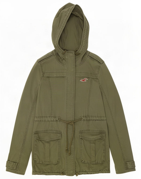 Jaqueta militar feminina com capuz Hollister Reino Unido 6 XS algodão cáqui