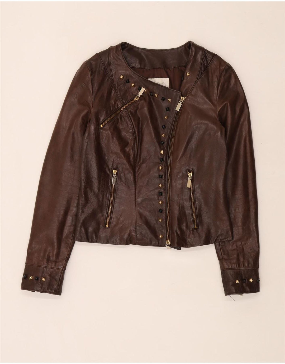 Jaqueta feminina vintage de couro para motociclista IT 44 couro marrom médio