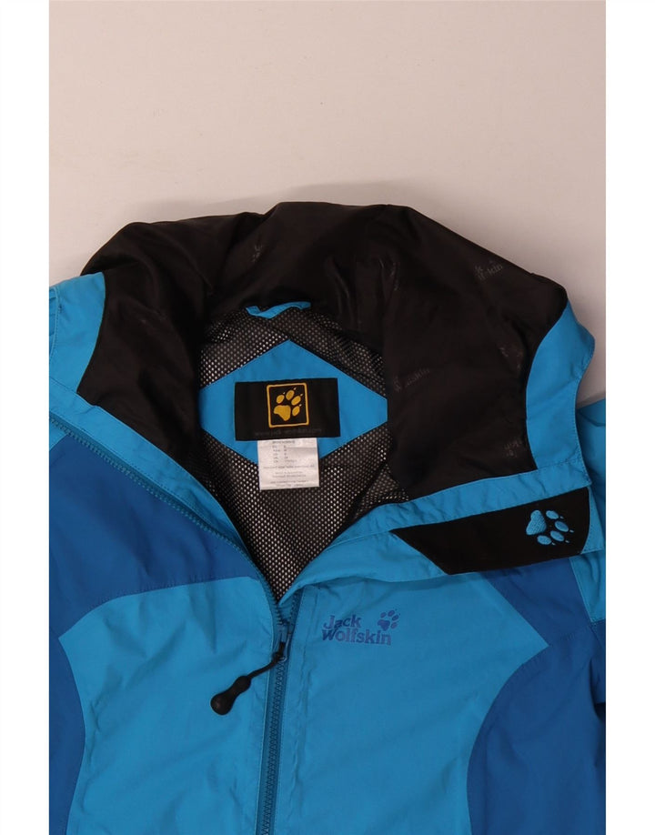 Jaqueta de chuva masculina com capuz Jack Wolfskin Reino Unido 34 bloco colorido azul pequeno